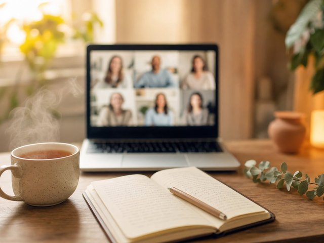 Chamada de vídeo de apoio entre pares em ambiente acolhedor, representativa de uma comunidade online de bem-estar