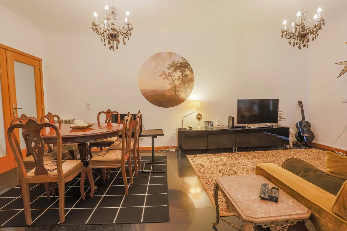 Dining area with chandelier